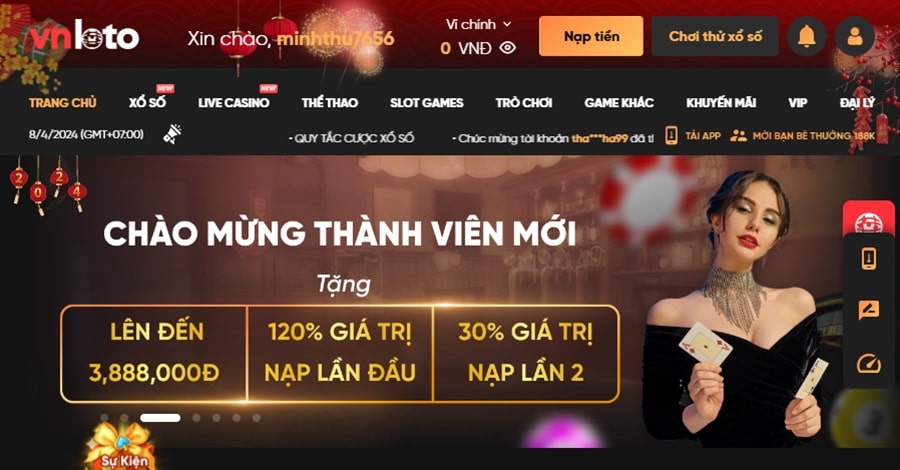 Bạn có thể nạp tiền ngay trên link truy cập web của VNLOTO