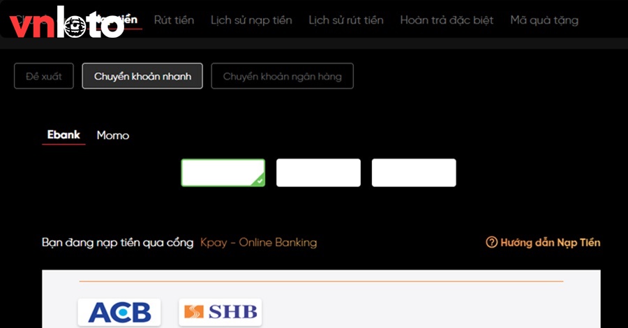 Người chơi đang được chọn giữa nhiều phương thức nạp tiền VNLOTO khác nhau