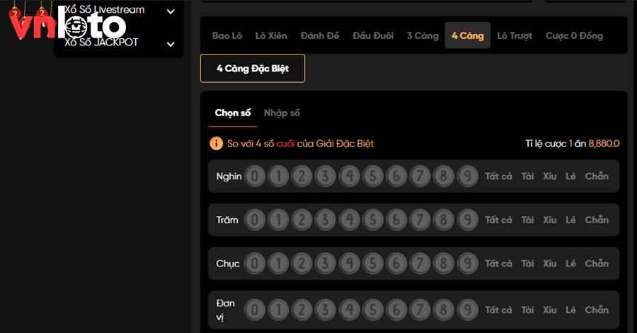 Sản phẩm 4 Càng Đặc Biệt của VNLOTO đang có tỉ lệ trả thưởng lên đến 1 ăn 8.888